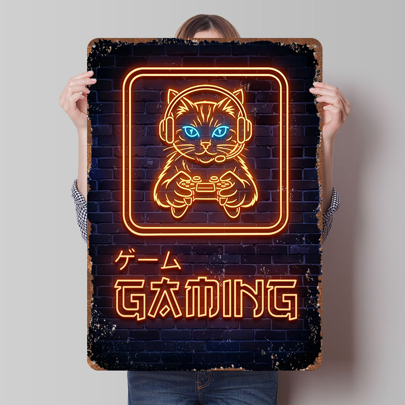 Retro Gaming At Home - Pôster de Gato Gamer Neon Personalizado,